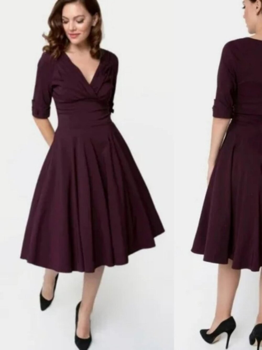 Unique Vintage 1950s Plum Delores Swing V-Neck Fit & Flare Dress Size L